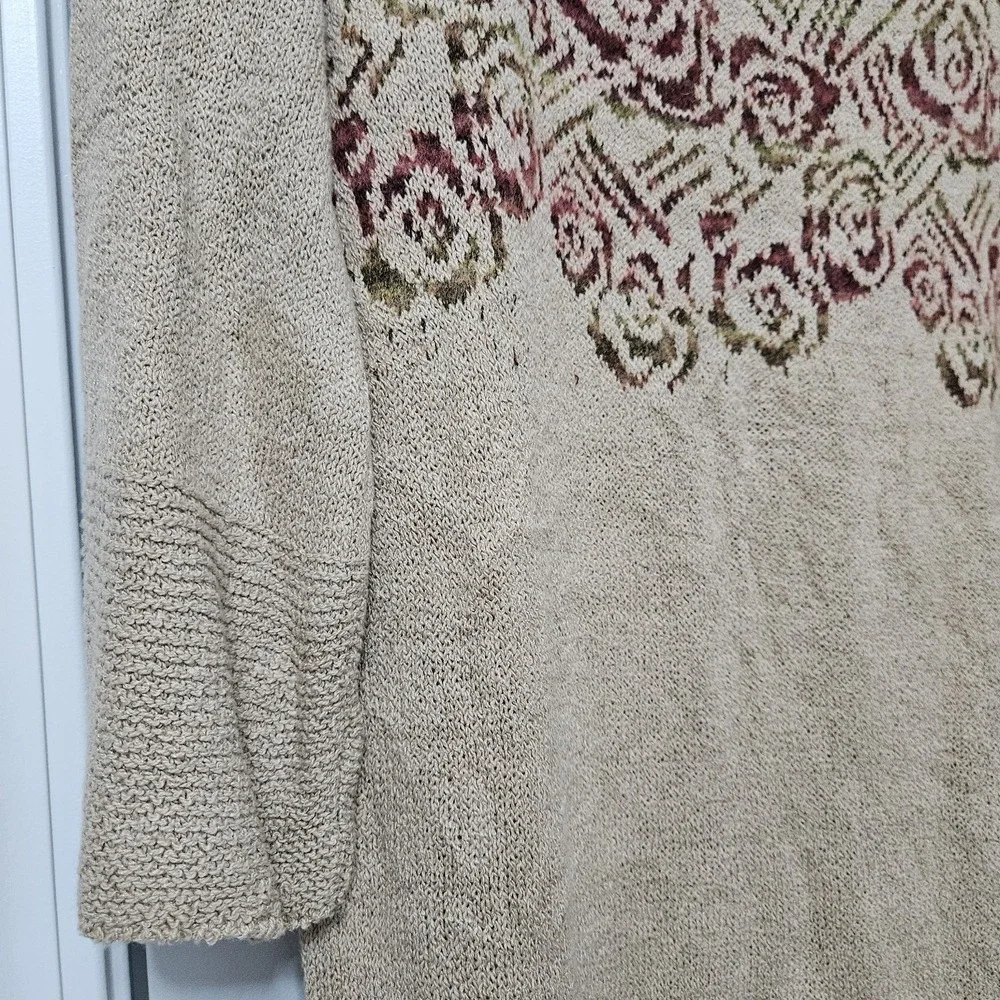 Free‎ People Tunic Desert Rose Sweater Womens L Tan Floral Knit 3/4 Sleeve Boho